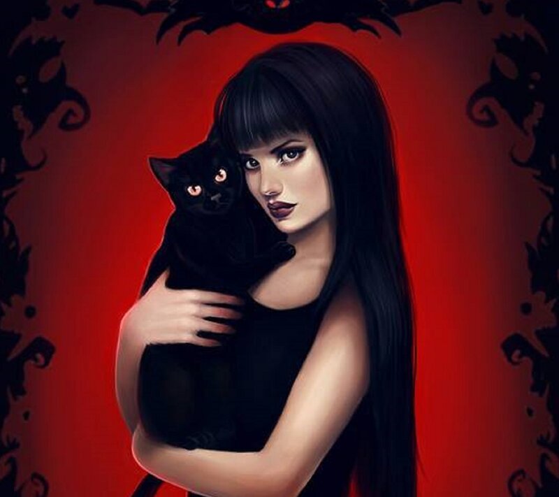 Woman Holding Black Cat — Red, Dramatic