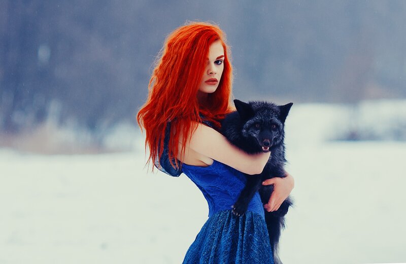 Woman Holding Black Fox — Red