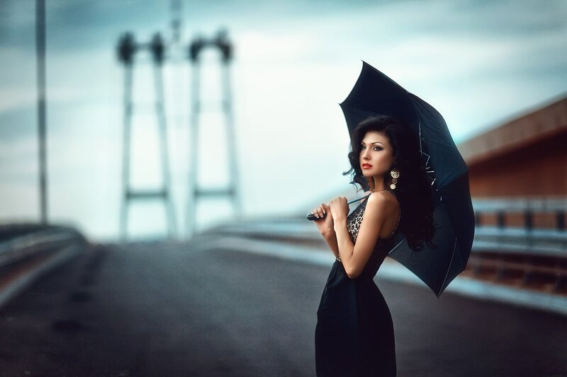 Woman Holding Black Umbrella — Dramatic, Afternoon