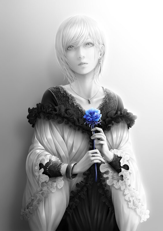 Woman Holding Blue Flower — Black