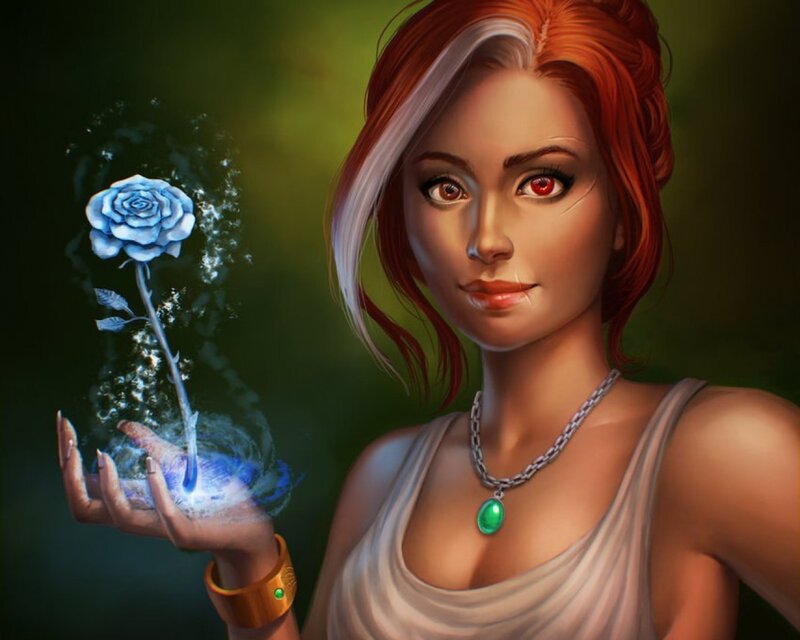 Woman Holding Blue Rose — Red