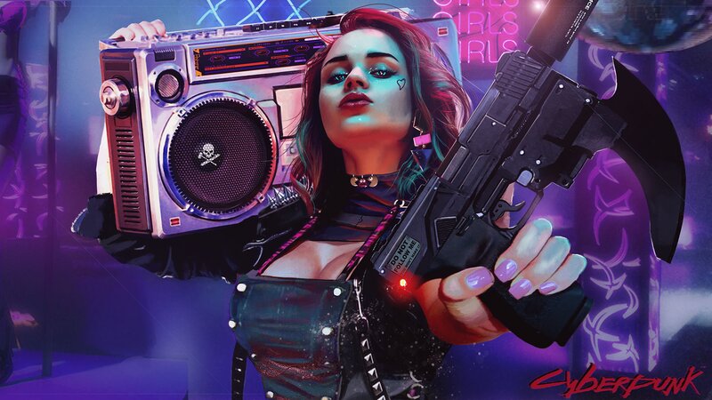Woman Holding Boombox and Gun — Purple