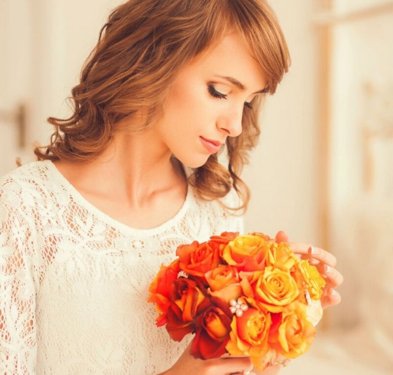 Woman Holding Bouquet — White, Serene, Afternoon, Photograph, Flowers, Lace Dress