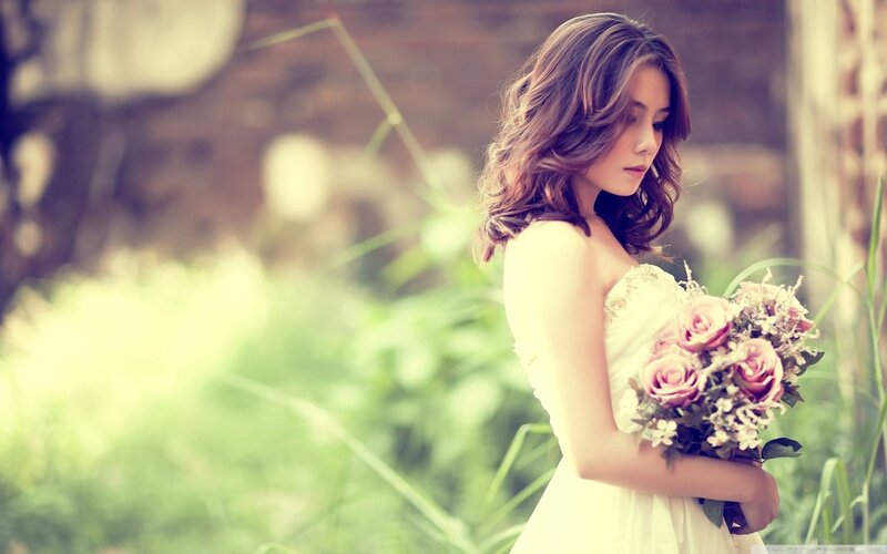 Woman Holding Bouquet — White, Serene, Afternoon, Photograph