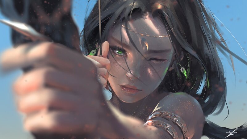 Woman Holding Bow — Blue, Dramatic, Afternoon