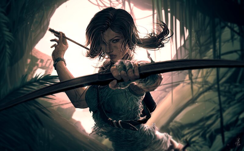 Woman Holding Bow — Green, Dramatic, Afternoon