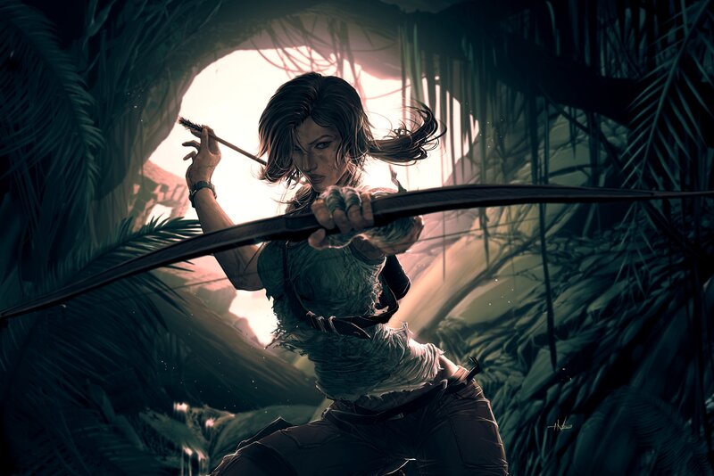 Woman Holding Bow — Green, Dramatic