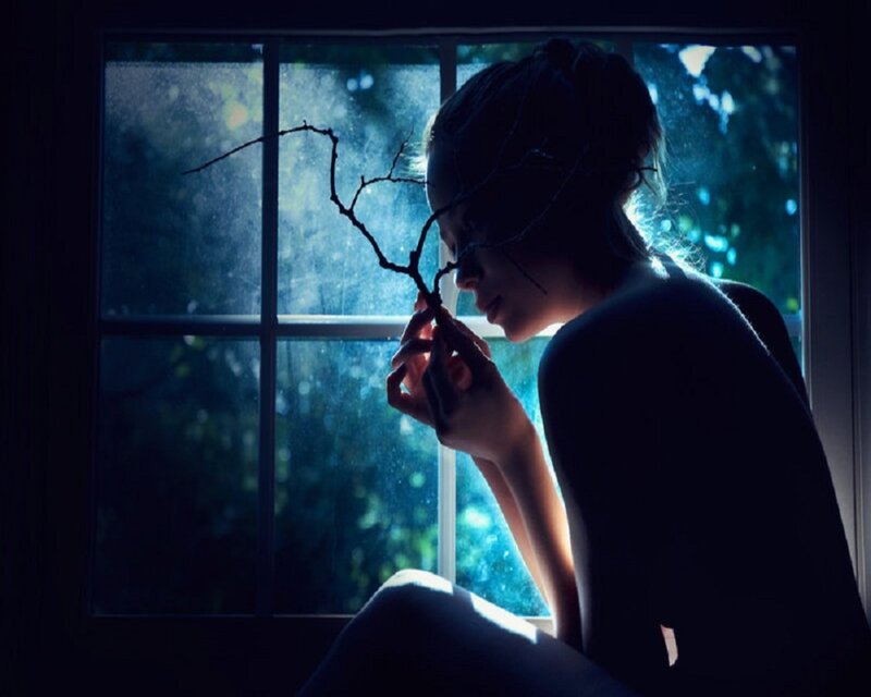 woman holding branch by window