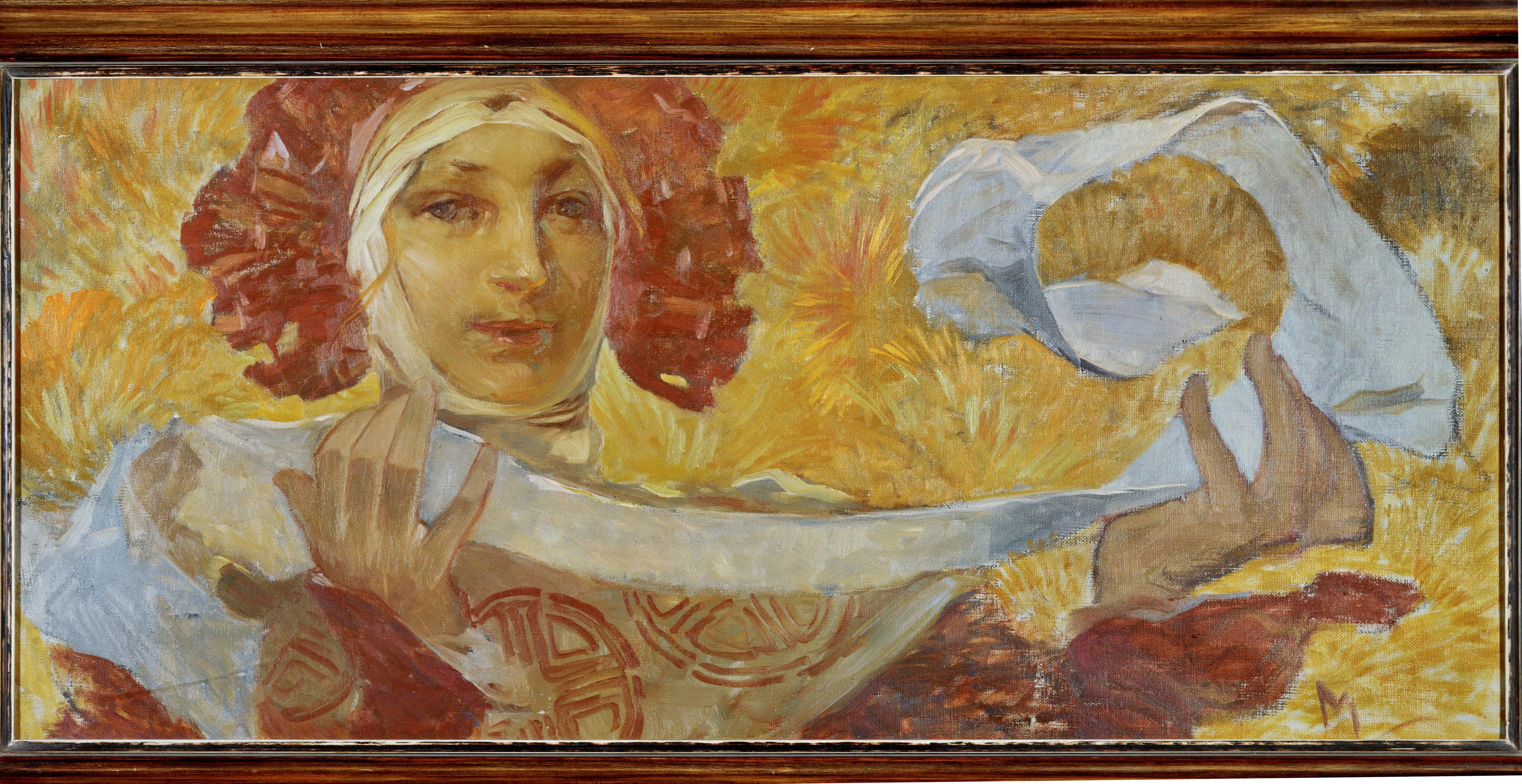 woman holding bread in wheat field
