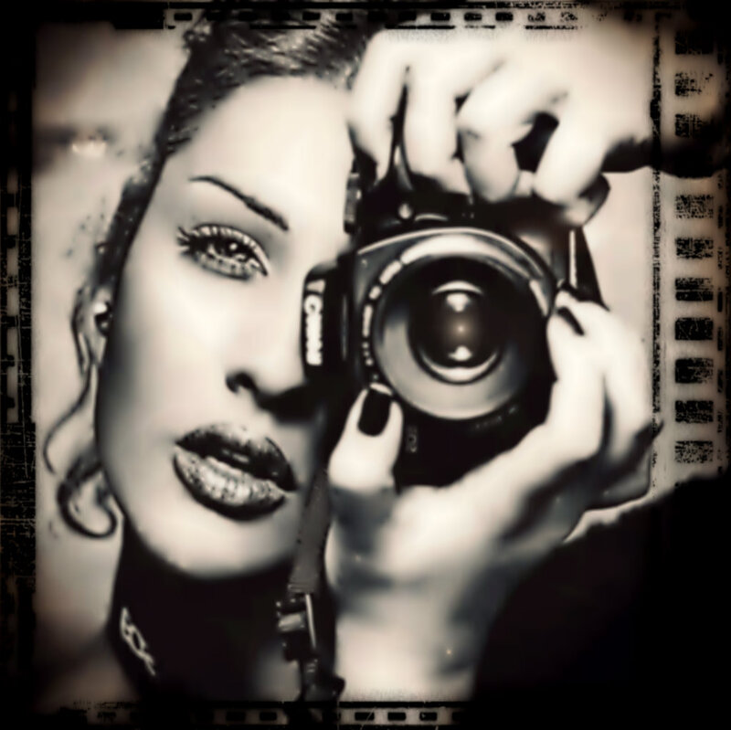 Woman Holding Camera — Black, Dramatic, Photograph, Film Strip Border