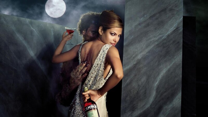 Woman Holding Campari Bottle — Black, Dramatic