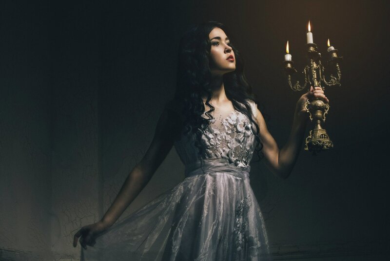Woman Holding Candelabra — Black, Dramatic, Night
