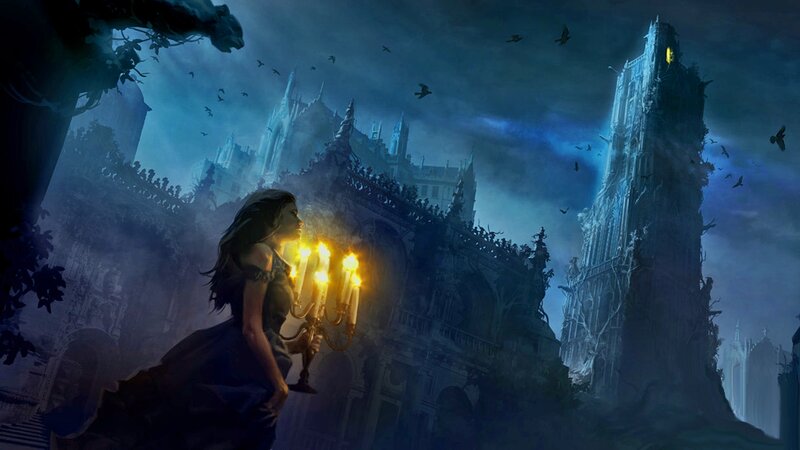 Woman Holding Candelabra — Blue, Dramatic, Night, Digital Art
