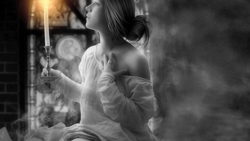 Woman Holding Candle — Black, Dramatic, Night, Digital Art