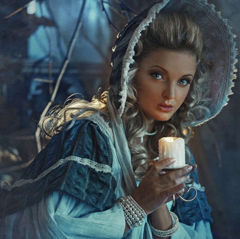 Woman Holding Candle — Blue, Dramatic, Night, Photograph