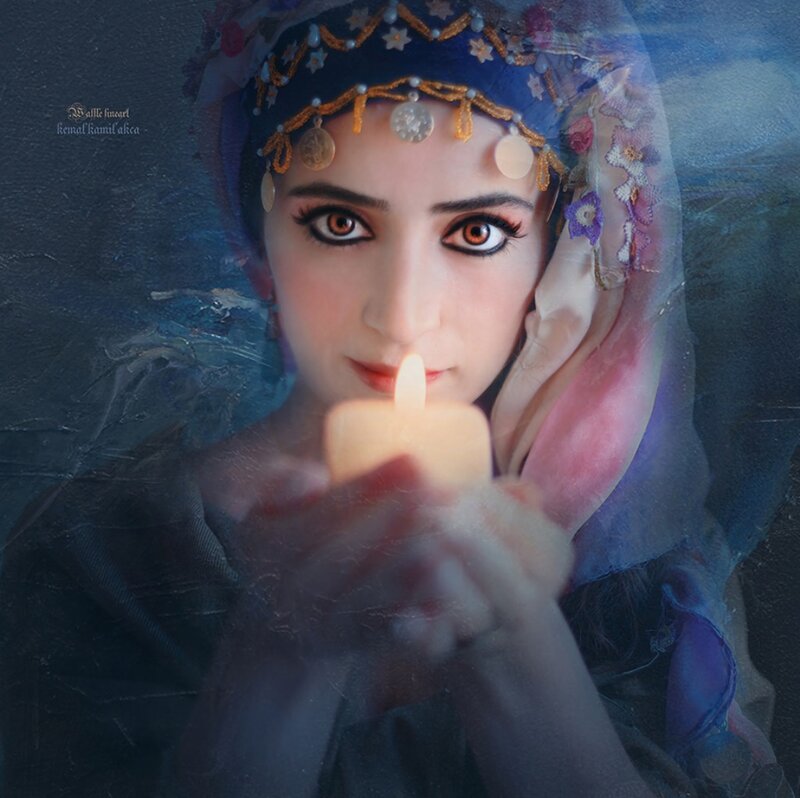 Woman Holding Candle — Blue, Dramatic