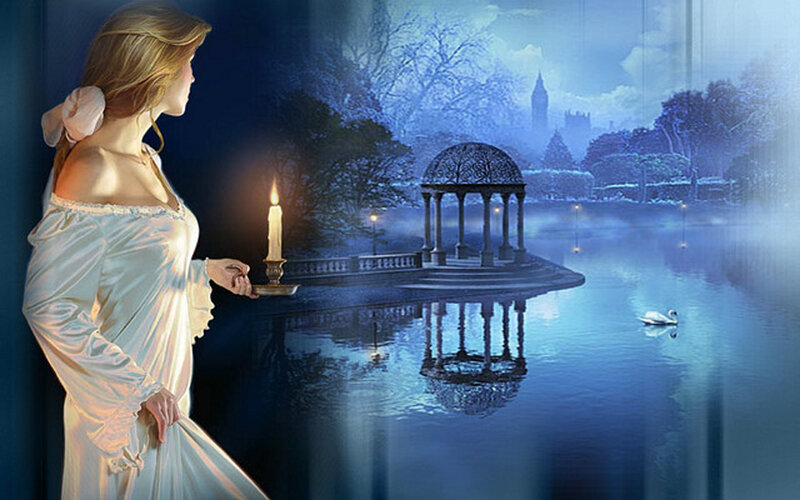 Woman Holding Candle — Blue, Serene