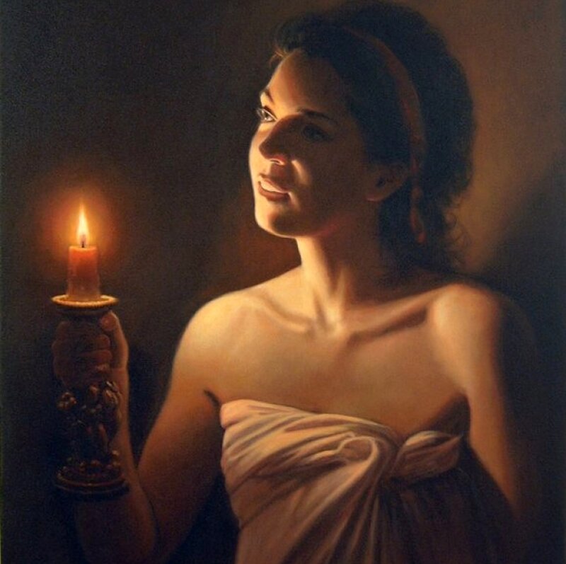 Woman Holding Candle — Brown, Dramatic, Night, Painting