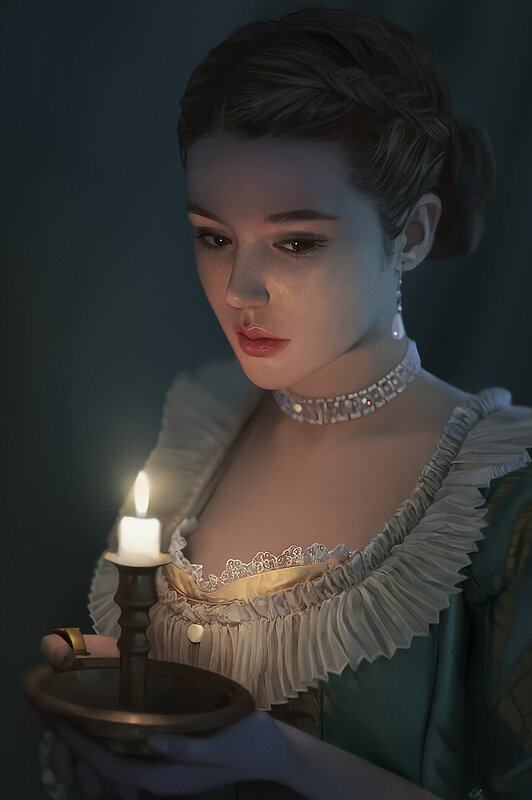 Woman Holding Candle — Green, Dramatic, Night