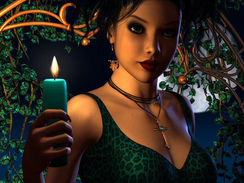 Woman Holding Candle — Green, Mysterious
