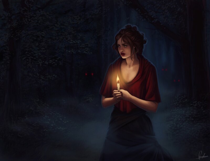 Woman Holding Candle — Red, Dark