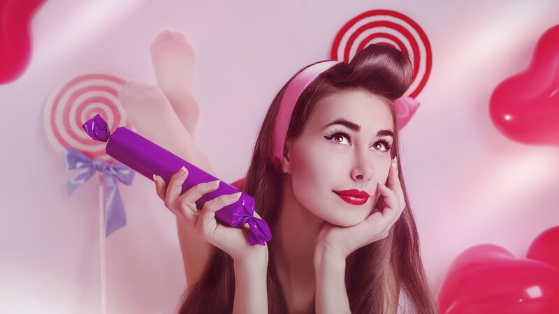 Woman Holding Candy — Pink, Playful