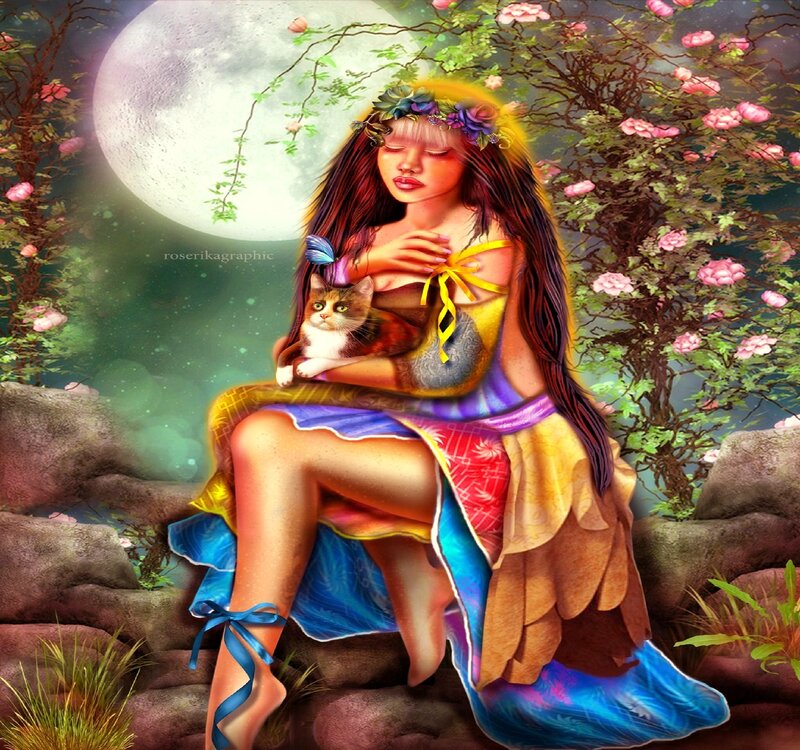 Woman Holding Cat — Blue, Serene, Night