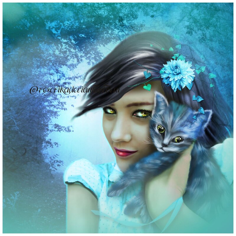 Woman Holding Cat — Blue, Serene