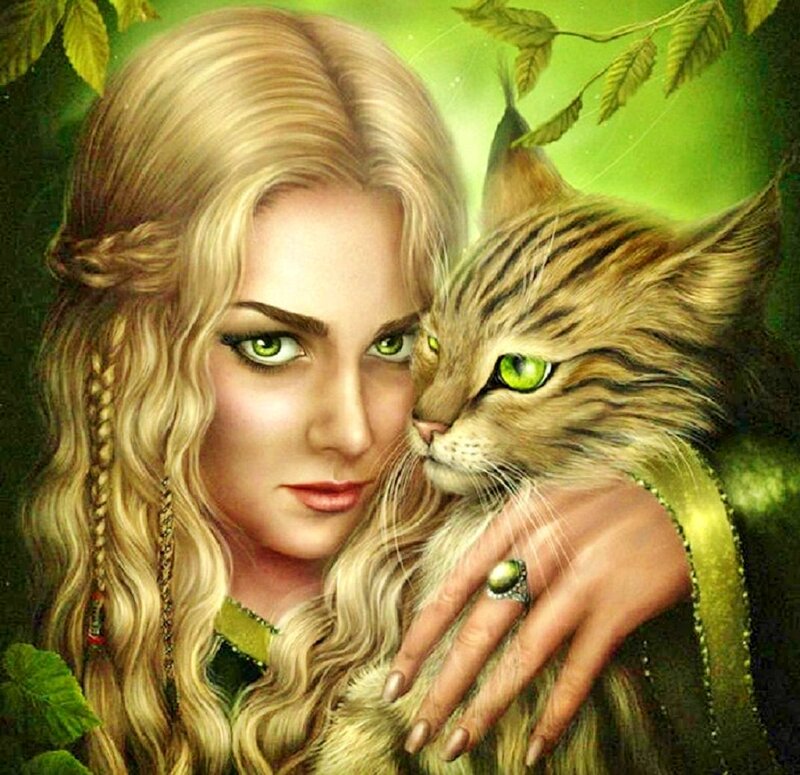 Woman Holding Cat — Green, Serene