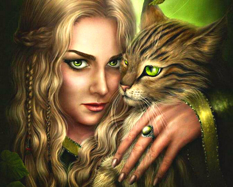 Woman Holding Cat — Green