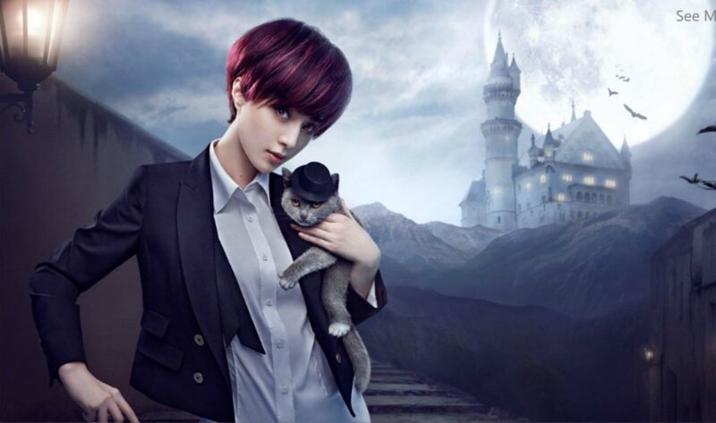 Woman Holding Cat — Purple, Dramatic