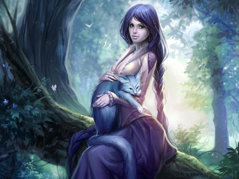 Woman Holding Cat — Purple, Serene, Morning, Digital Art