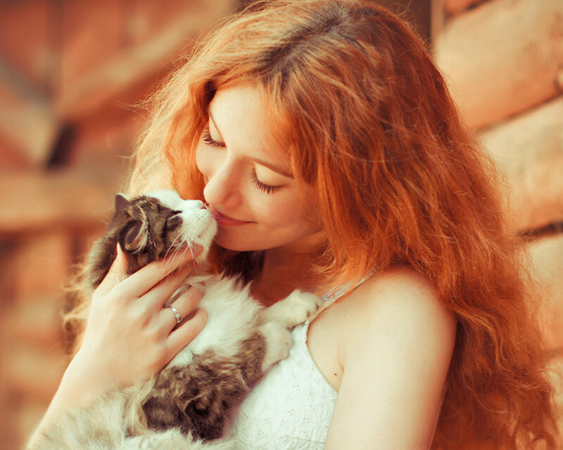 Woman Holding Cat — Red, Calm