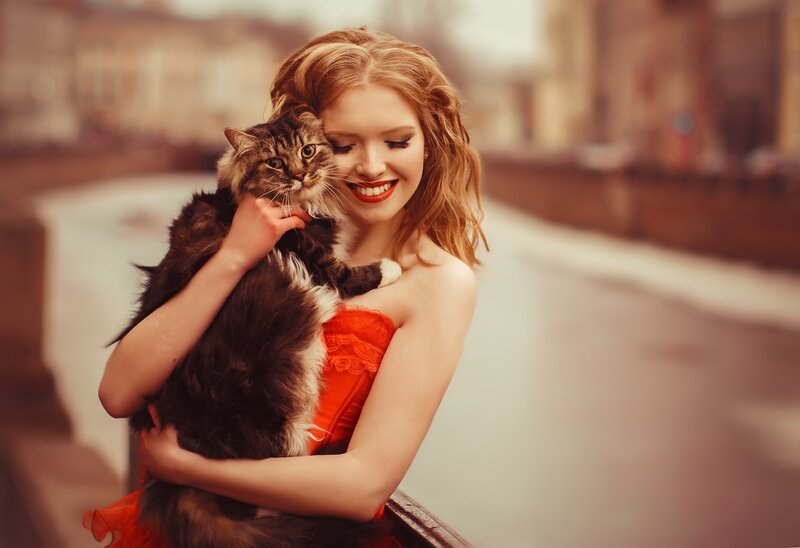 Woman Holding Cat — Red, Warm
