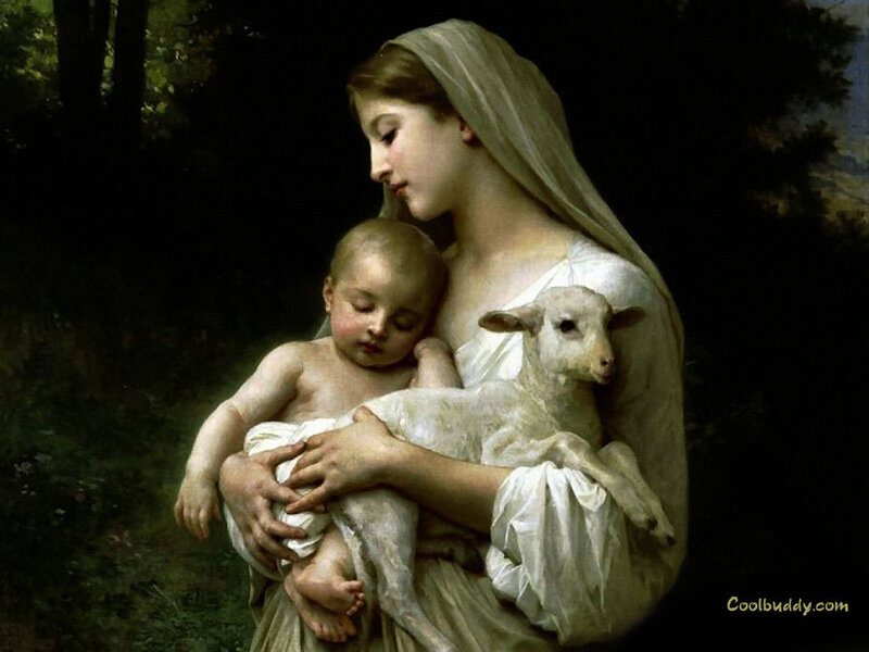 Woman holding child and lamb