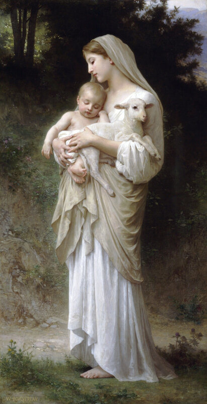 Woman holding child and lamb