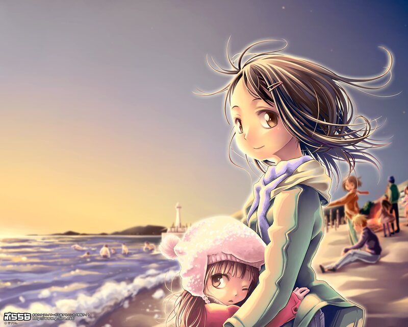 Woman Holding Child — Blue, Serene, Sunset