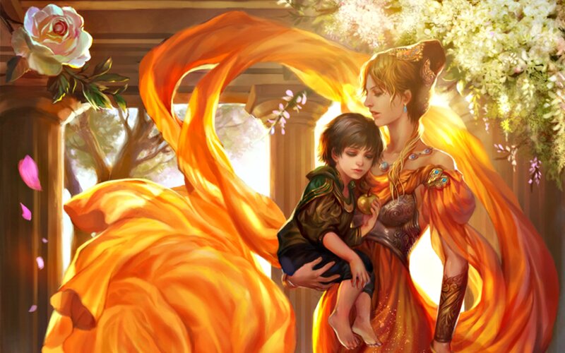 Woman Holding Child — Orange, Serene