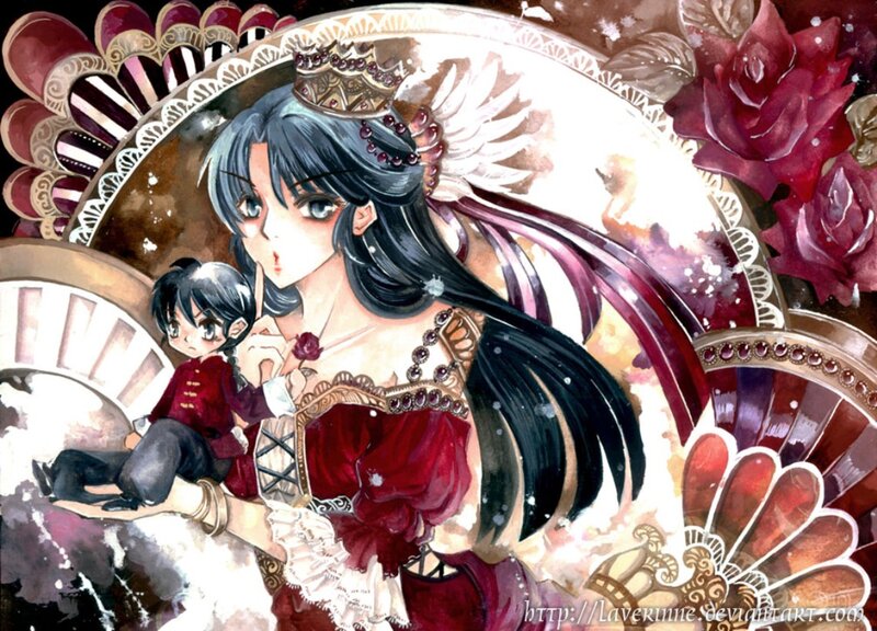 Woman Holding Child — Red, Dramatic, Manga