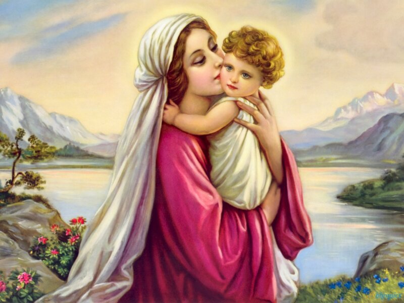 Woman Holding Child — Red, Serene, Afternoon, Painting
