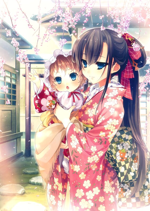 Woman holding child under cherry blossoms