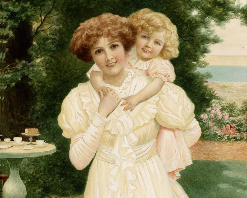 Woman Holding Child — White, Serene, Afternoon, Painting