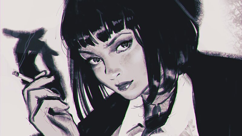 Woman Holding Cigarette — Black, Dramatic, Manga