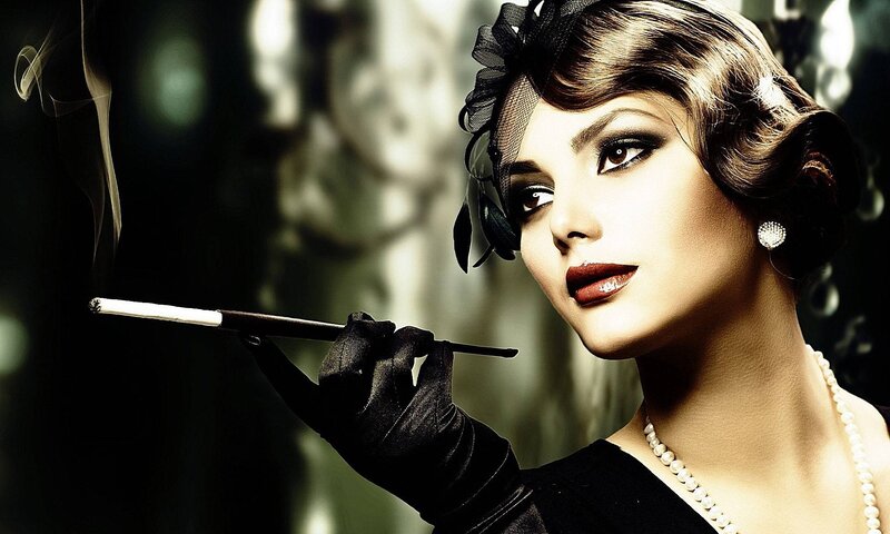 Woman Holding Cigarette — Black, Dramatic, Photograph
