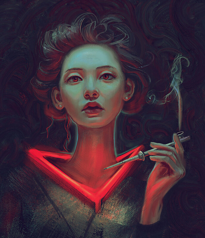 Woman Holding Cigarette — Red, Dramatic