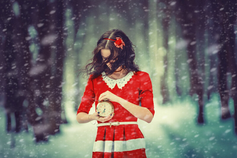 Woman Holding Clock — Red, Dreamy