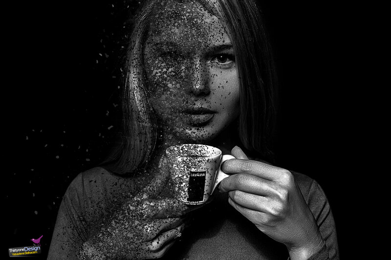 Woman Holding Coffee Cup — Black, Dramatic, Photograph