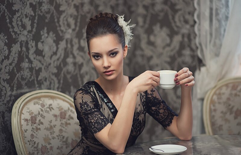 Woman Holding Coffee Cup — Black, Elegant