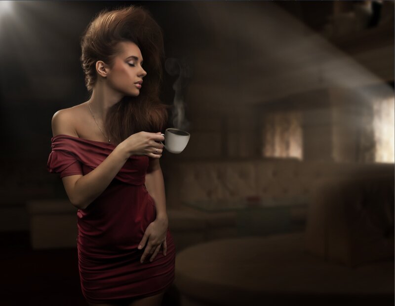 Woman Holding Coffee Cup — Red, Dramatic
