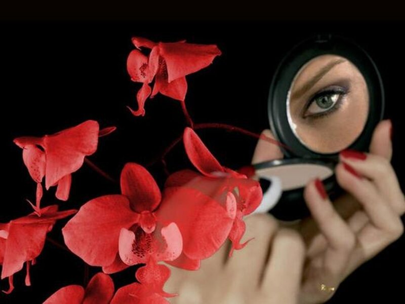 Woman Holding Compact Mirror — Black, Dramatic